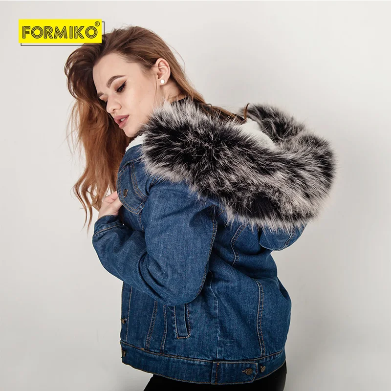 Deep Blue Formiko Для женщин Зимняя утепленная джинсовая куртка для девочек; пальто из искусственного меха Меховой Воротник из флиса с капюшоном, унисекс, джинсовое пальто женское Теплые; больших размеров Размеры 4XL Джинсовая Верхняя одежда - Цвет: Deep Blue