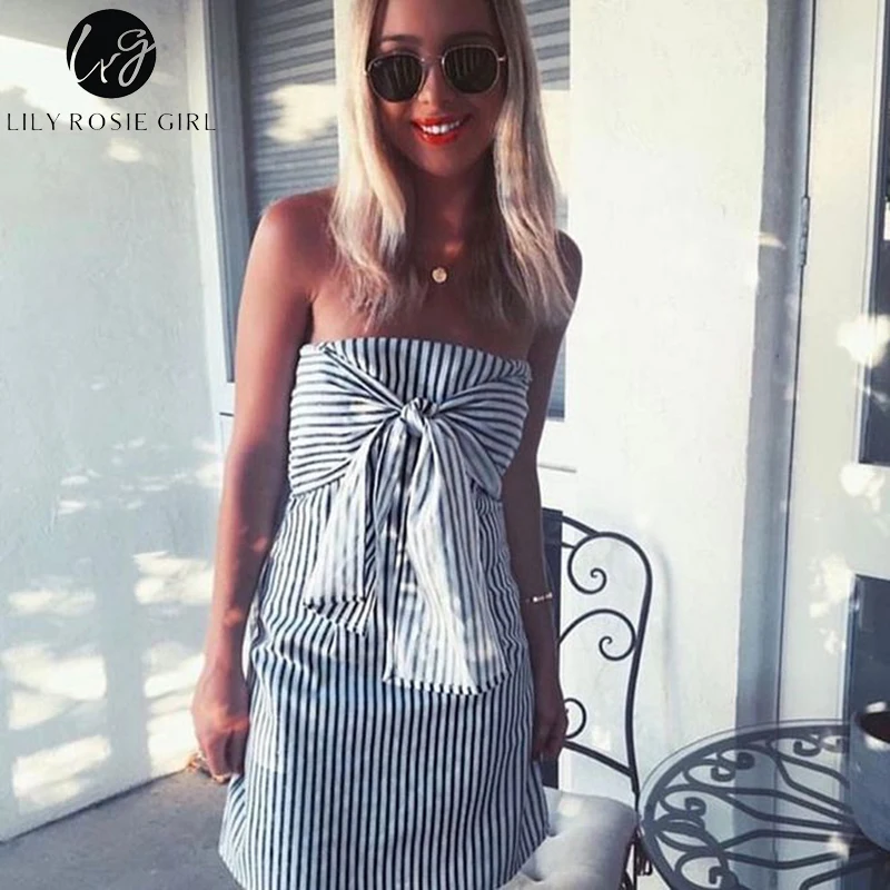 Lily Rosie девушка с открытыми плечами синий полосатый облегающее Мини платье для