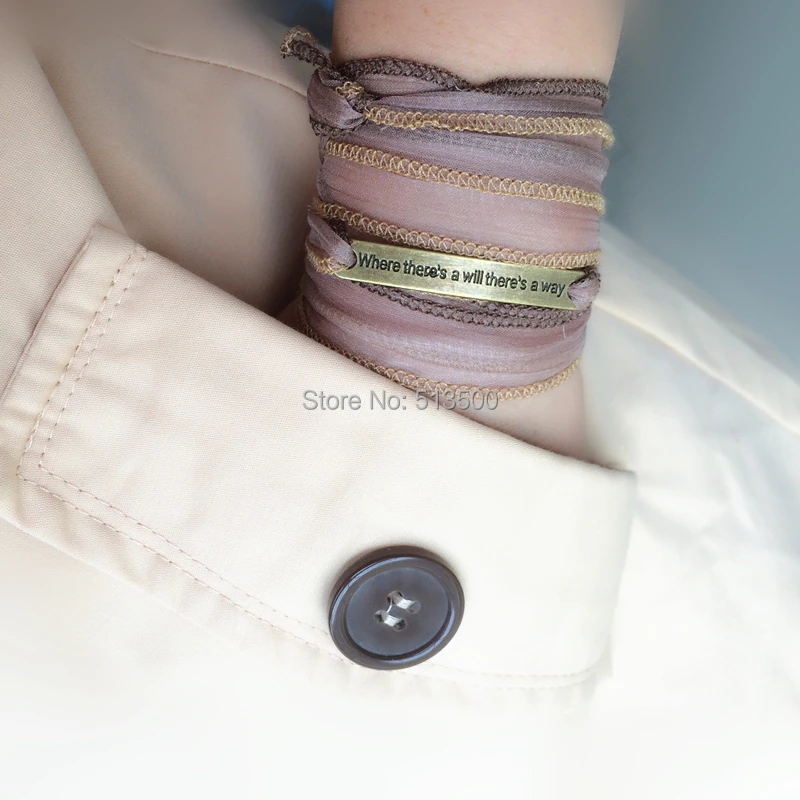 Personalized Silk Wrap Bracelet Gift Yoga Gypsy Bracelets With Inspiration Words of &quotWhere there's a will way&quot | Украшения и