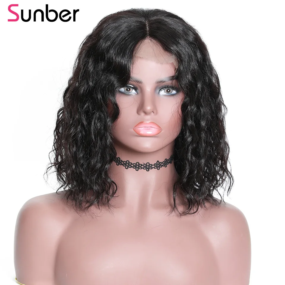 Sunber Bob волнистые волосы на кружеве 8-14 дюймов 130%/150% плотность remy волосы предварительно сорванные короткие бразильские боб парик для черных женщин