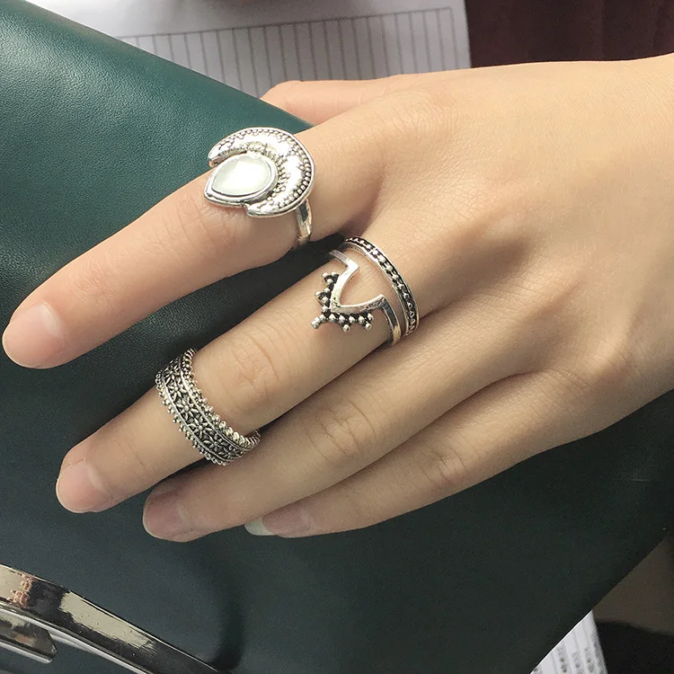 Knock 4 шт./компл. панк овальная луна тибетский серебряный цвет кольцо Набор для