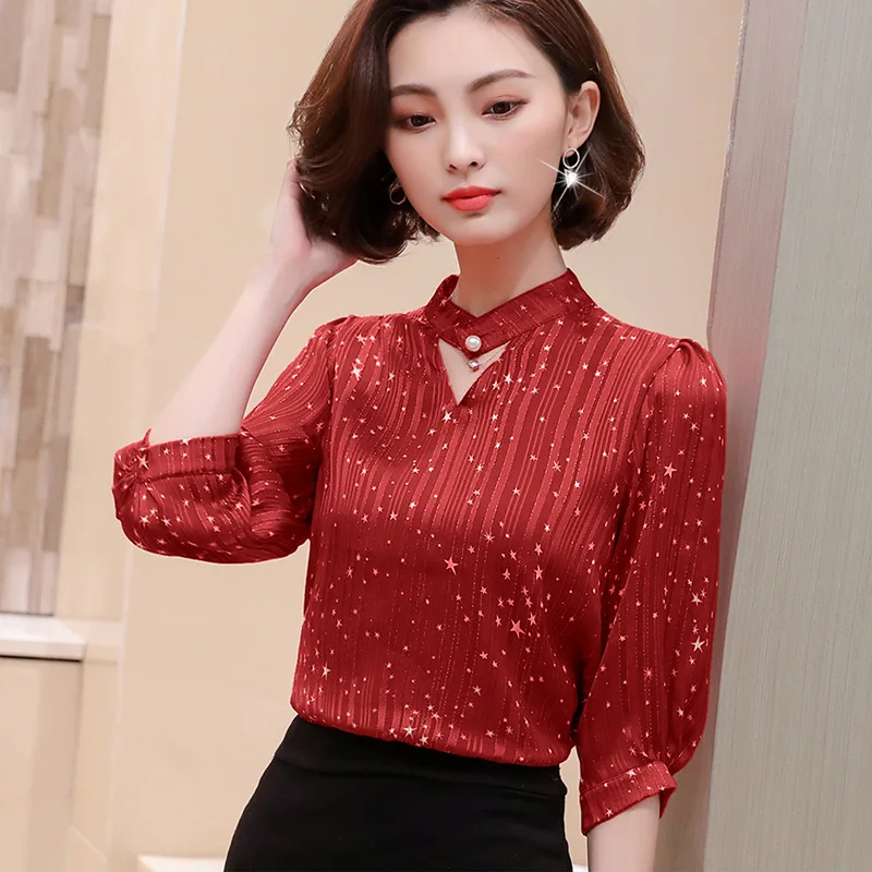 

Lady Chiffon Blouse Short Sleeves Spring Summer Shirt New Korean Style Fashion Loose Clothes Middle Sleeves Plus Size B9649
