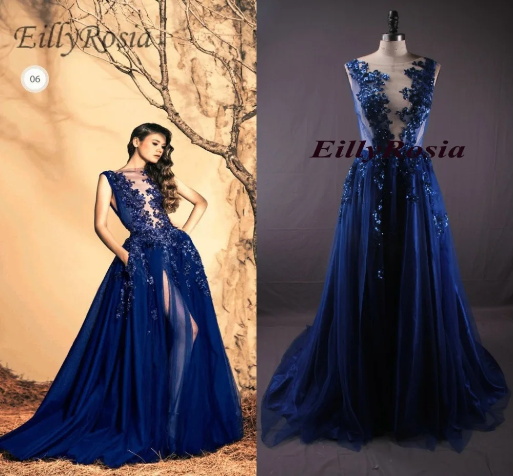 

Royal Blue 2018 Evening Gown Bling Bling Lace Appliques Sexy See Through A Line Side Split Tulle Ziad Nakad Evening Dresses Long