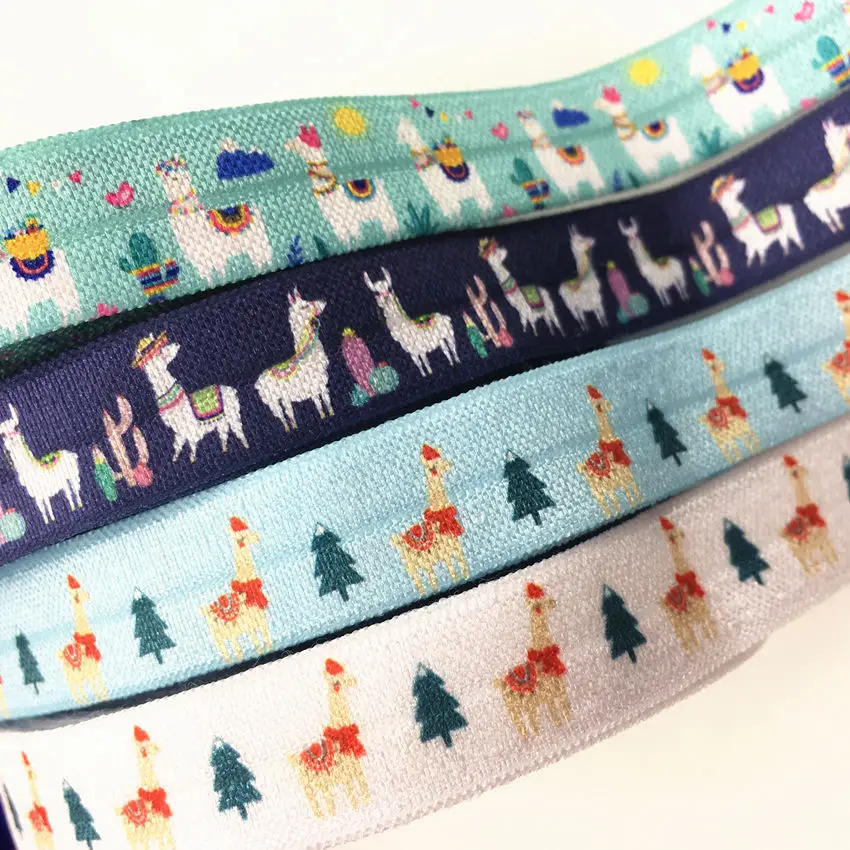 

New Arrived 5/8" llama Print Fold Over Elastic 10y Christmas tree FOE Elastic Ribbon Webbing for DIY Head wear Hair Accessories