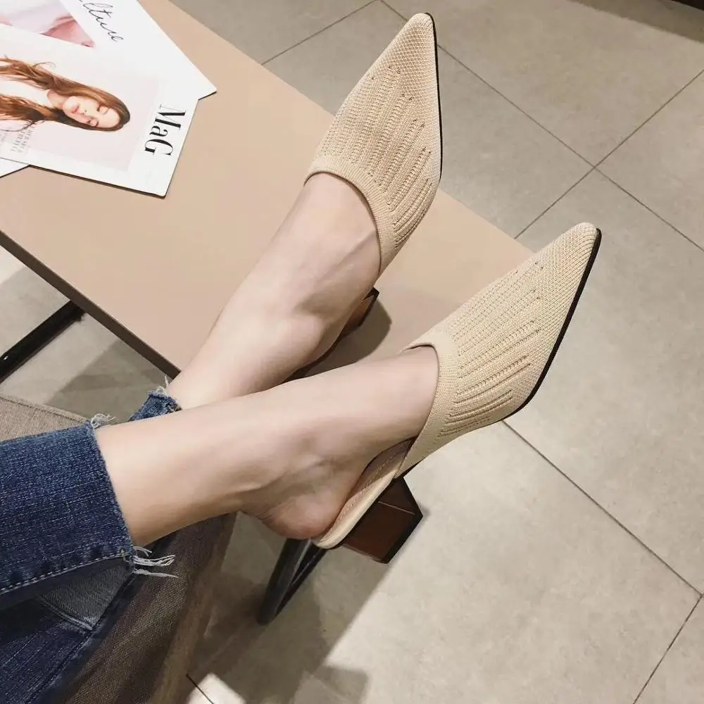 Pointed slippers ladies Hand knitting square head breathable sandals and slippers rubber slippers for women shoes With high 4CM