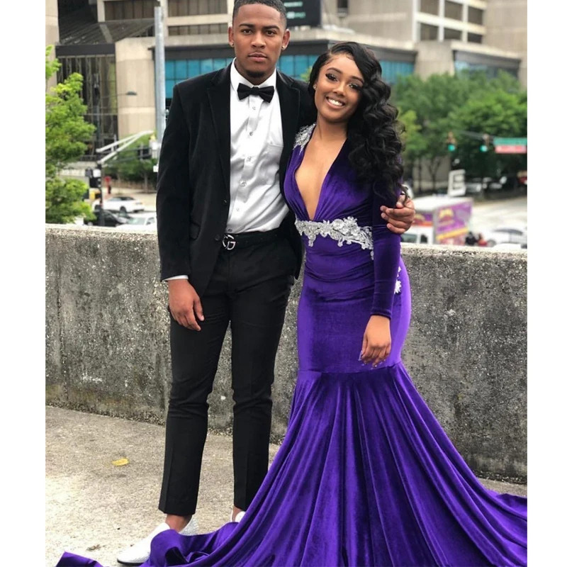 Сексуальные фиолетовые бархатные вечерние платья Русалочки с глубоким v