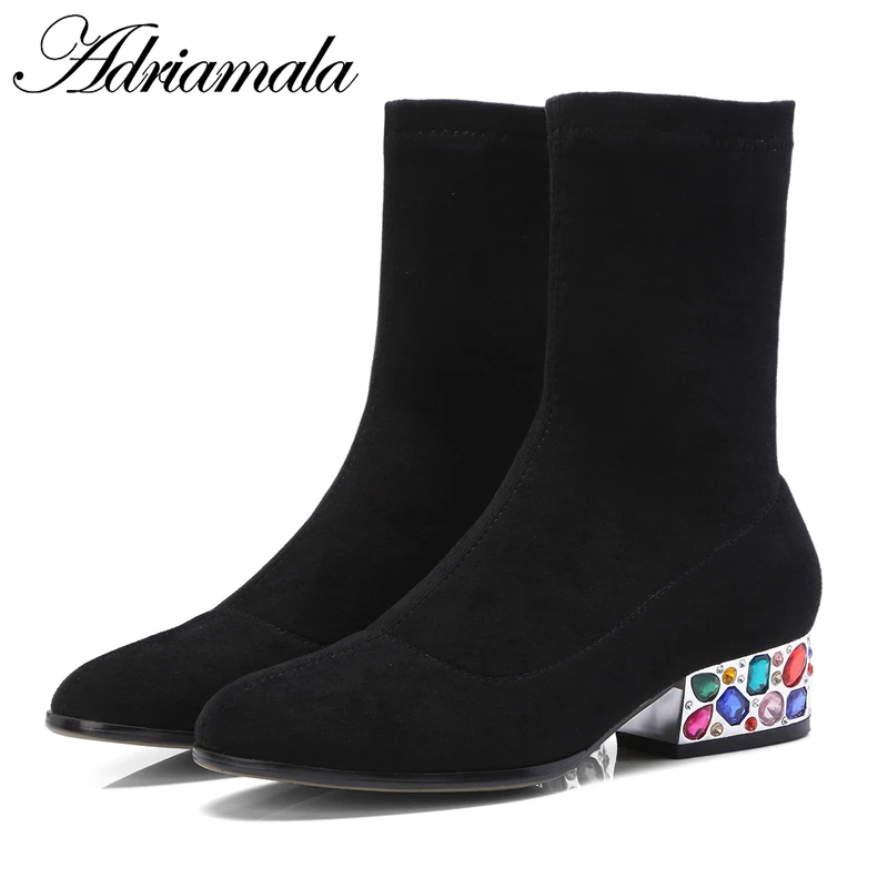 2018 женская обувь из флока сапоги до середины икры без шнуровки на круглый носок квадратный каблук Кристалл