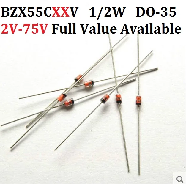 100pcs 1/2W Zener Diode DO-35 BZX55C2V2, 2V 2.2V 2.4V 2.7V 3V 3.3V 3.6V 3.9V 4.3V 4.7V 5.1V 5.6V 6.2V 6.8V 7.5V 8.2V 9.1V 10V 11V 12V 13V 15V image 2