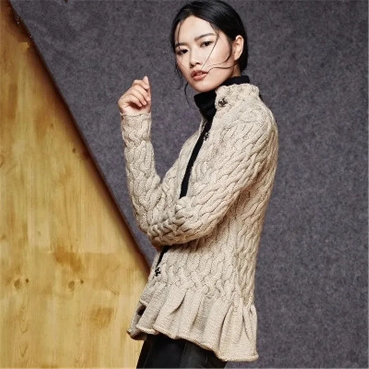 

hand made pure wool thick knit women fashion solid stand collar loose single breasted cardigan sweater one&over size