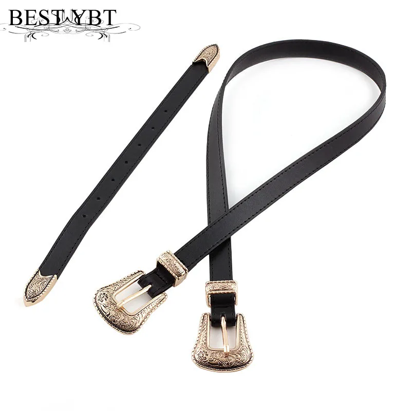 

Best YBT Women Belt Imitation Leather Pin Buckle Belt Retro-style Carved Double-buttoned Three-piece Fashionable Women Belt
