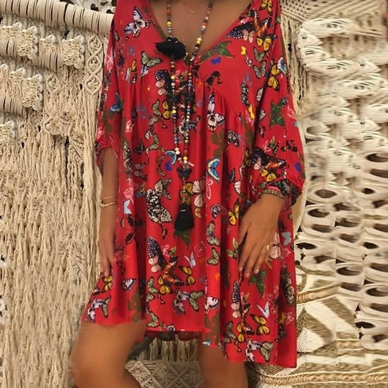 Летние платья Boho свободные v-образным вырезом с принтом Vestidos длинным рукавом