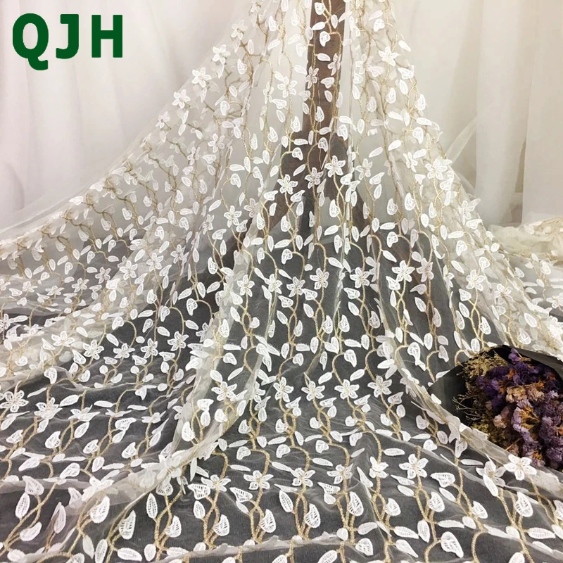 

High quality white lace gold thread embroidery fabric water soluble African lace fabrics tulle net for wedding dress trim cloth