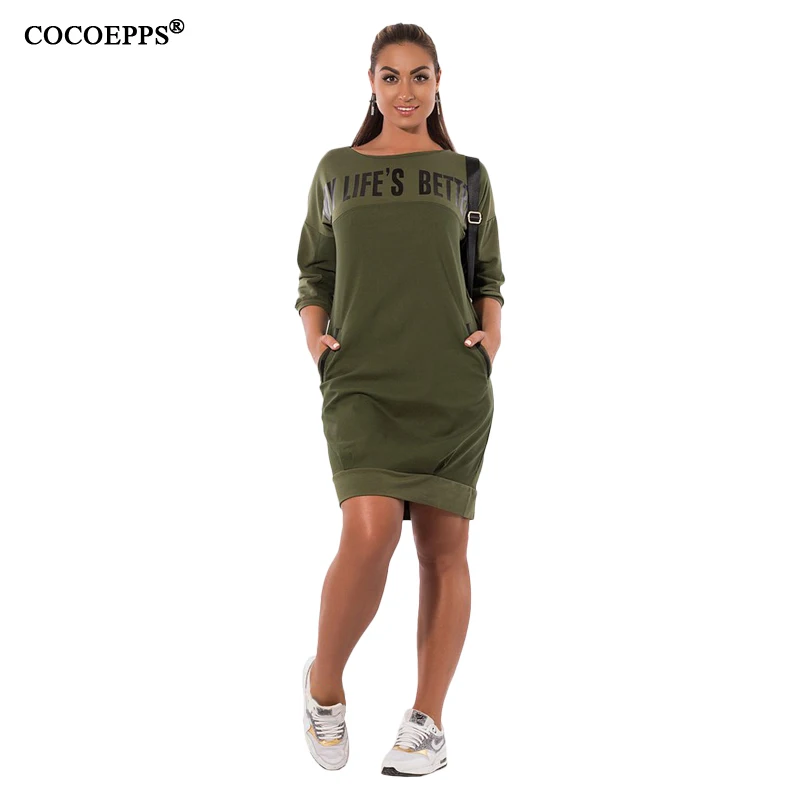 Green COCOEPPS осенние женские платья с буквенным принтом 5XL размера плюс женская одежда большого размера повседневное зимнее платье Элегантное vestidos 6XL - Цвет: Green