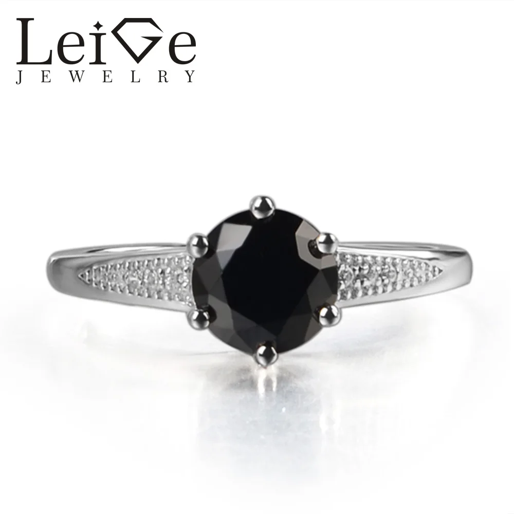 

Leige Jewelry Natural Black Spinel Round Cut Gemstone Prong Setting Ring Engagement Ring For Woman 925 Sterling Silver