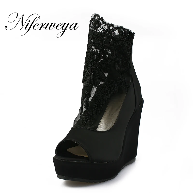 Summer women Ankle boots sexy white Wedges Platform high heels fashion big size 28-52 zipper Peep Toe black sandals | Обувь
