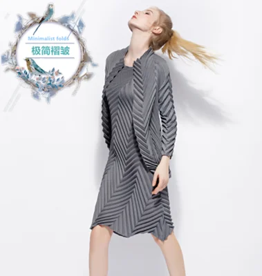 Miyake fold bronzing two-piece set pleated long sleeve coat + large swing short sleeve o-neck dress two-piece set IN STOCK