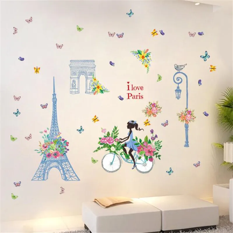 IDFIAF девушка езда велосипед Бабочка Цветы наклейки на стену для детей комнаты