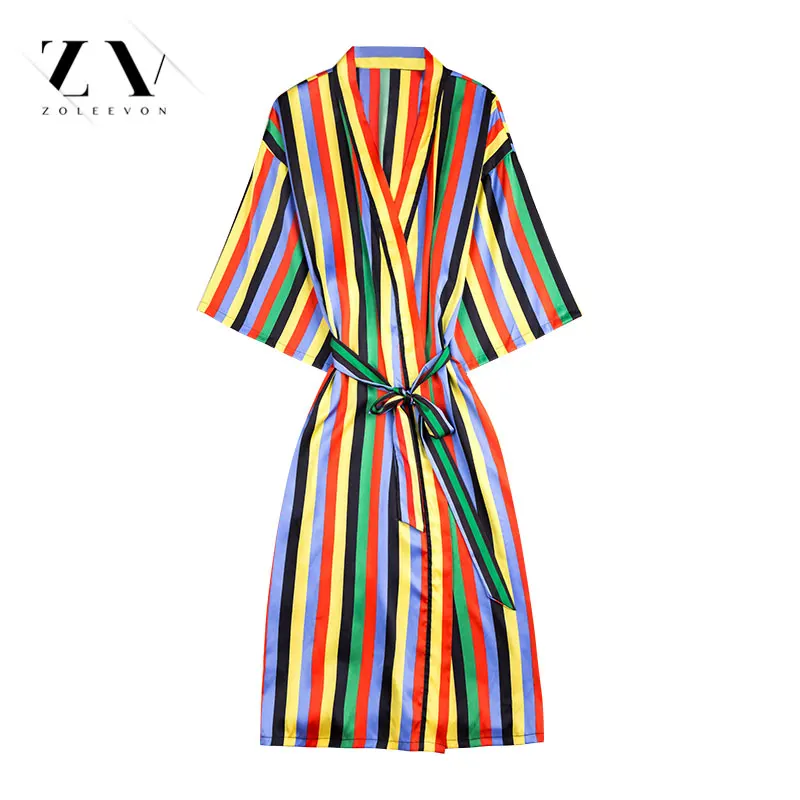 ZOLEEVON 3 Pcs Striped Sexy Women Pajama Sets Bra+Robe+Pant Female Pajamas vintage women robes rainbow | Женская одежда
