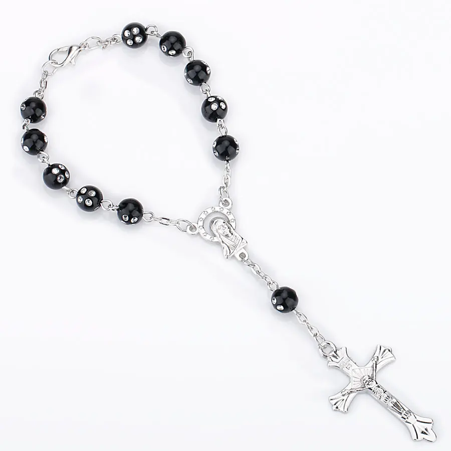 66004619 Colorful Beads Catholic Rosary Bracelet Blue Red Color Auto Rosary Car Rosary INRI Cross Mary Charms Lobster Clasp - Окраска металла: 66004619