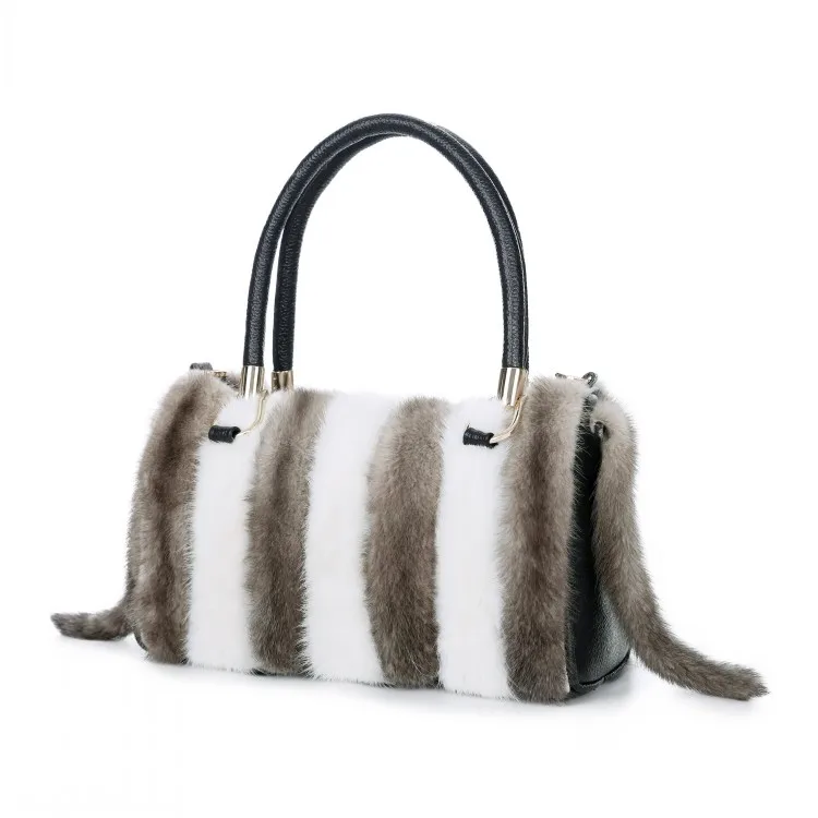 comprar Branco Cinza Listrado Pele De Vison Bolsas Femininas Bolsa De Couro Mochila Cruz Branca Vison Peles Listras Sacos Com Cauda