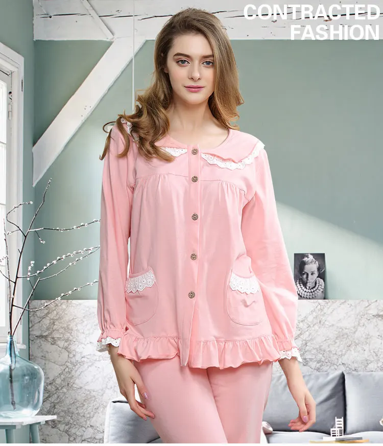 Lovely Pink Pajamas Suit Long Sleeved Cotton Women Set for Solid Sleeping Homewear Nightgown Home Clothes | Женская одежда