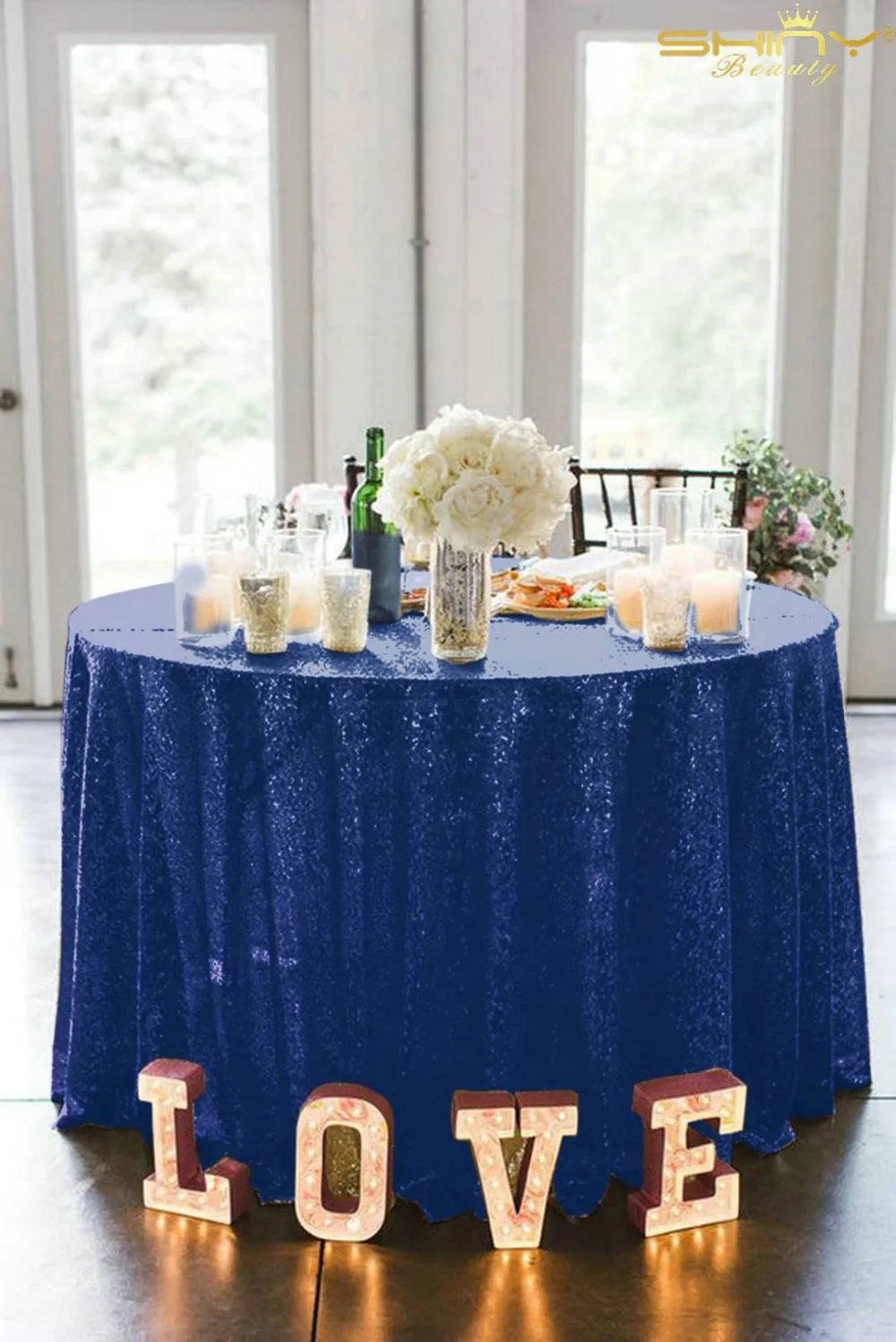 90 дюймов Круглый Темно голубые пайетки ткань свадебная