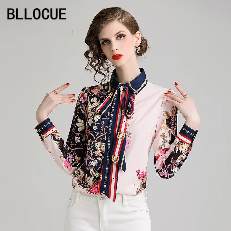 Блузка женская свободного покроя с цветочным принтом длинным рукавом и