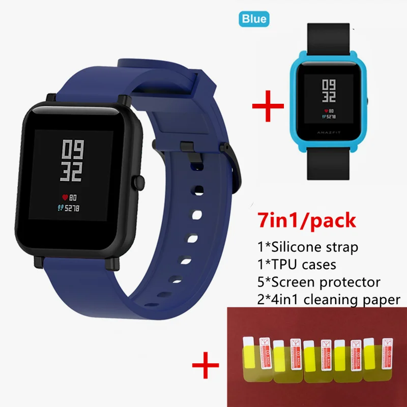 7в1 для Xiaomi Huami Amazfit Bip светильник и тонкий ТПУ ремешок на запястье PC Watch мягкий чехол для экрана с защитной пленкой - Цвет: Midnight Blue 2