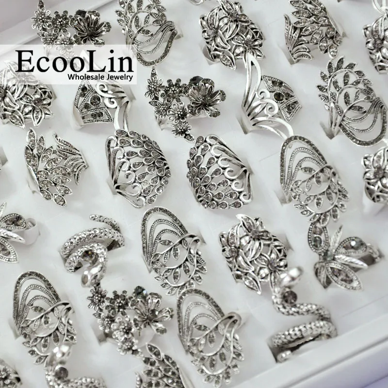 

10Pcs New Vintage Flowers Ancient Silver Color Rings lot for Women Female anel Jewelry top quality LR4045