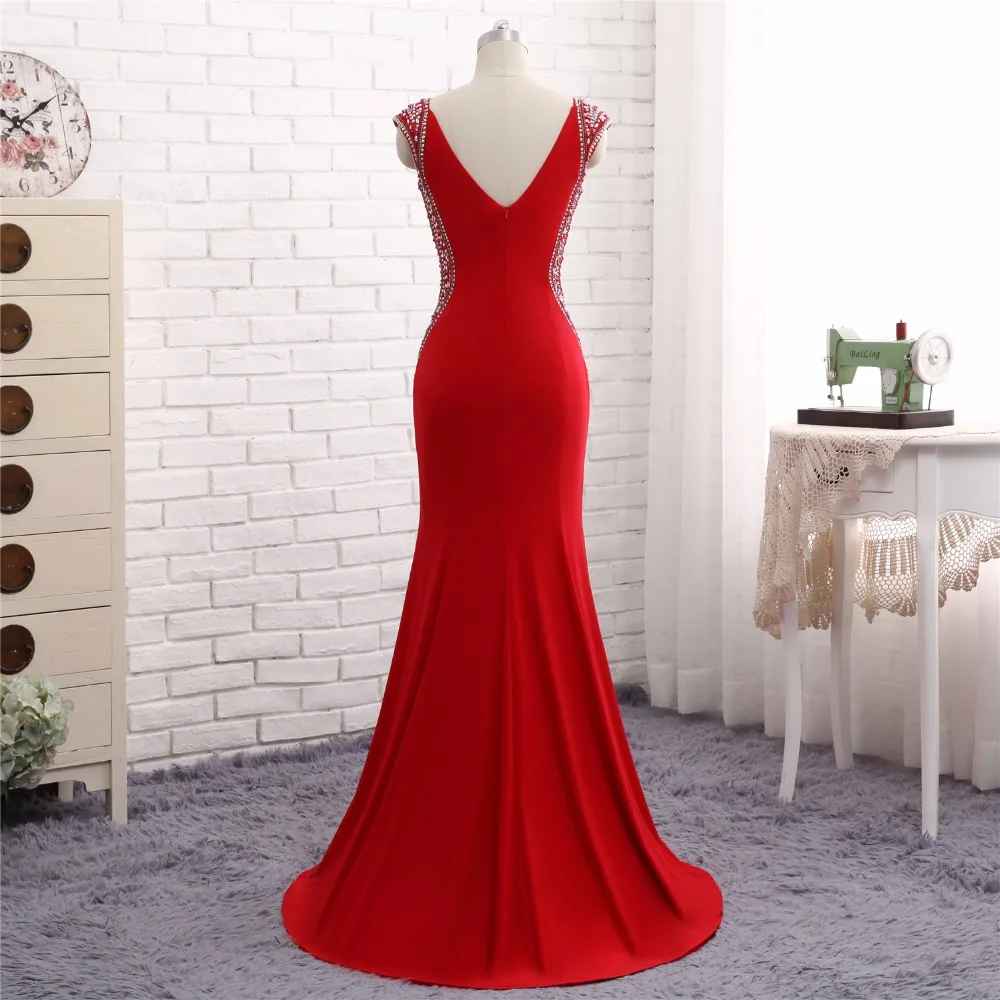 Красное вечернее платье 2017 Vestido de Festa Русалка v-образный вырез короткий рукав