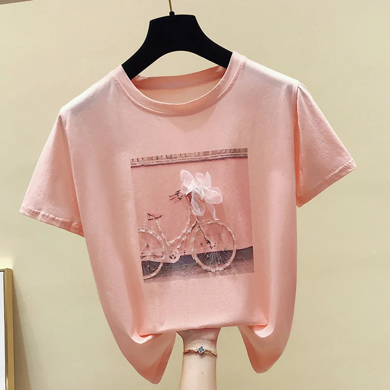 Pink Женская футболка классная белая футболка с принтом летний топ с коротким рукавом и круглым вырезом женские футболки из хлопка и полиэстера Harajuku женская одежда - Color: Pink