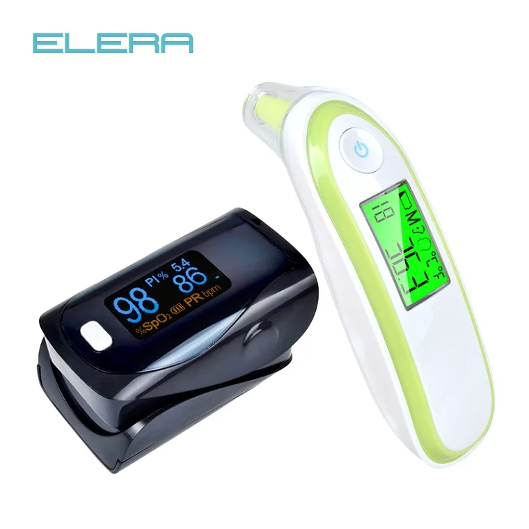 ELERA CE регулируемый OLED цифровой Пальчиковый Пульсоксиметр SPO2 PR PI инфракрасный Детский термометр lcd цифровой ушной и лоб - Цвет: black
