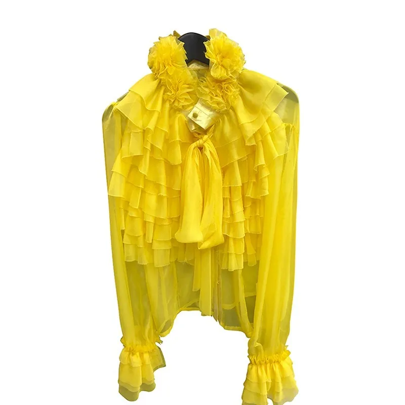 yellow TWOTWINSTYLE, женские топы с бантом, расклешенная рубашка с длинным рукавом и рюшами, блузка, Женская корейская модная одежда, весна - Цвет: yellow