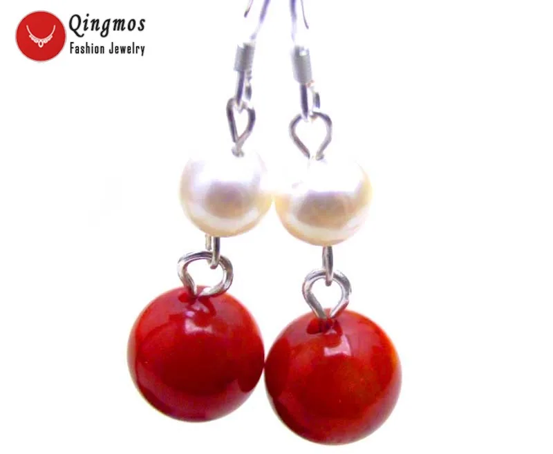 

Qingmos 10mm Red Natural Round Coral Earrings for Women with White 6-7mm Pearl Dangle Earring with Silver Hook Fine Jewelry-e350