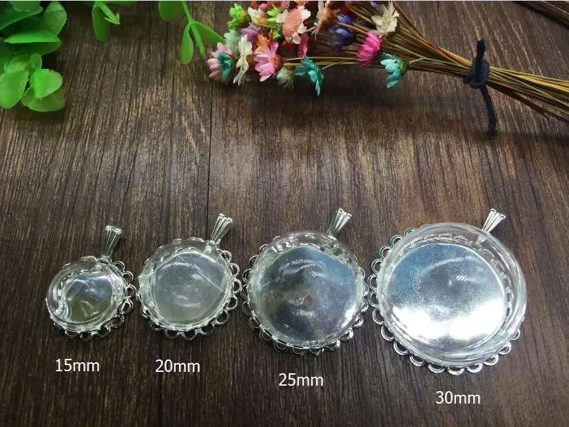 

10sets/lot 15/20/25/30mm Glass dome silver plated double lace base tray connector glass vials pendant cover jewelry accessories