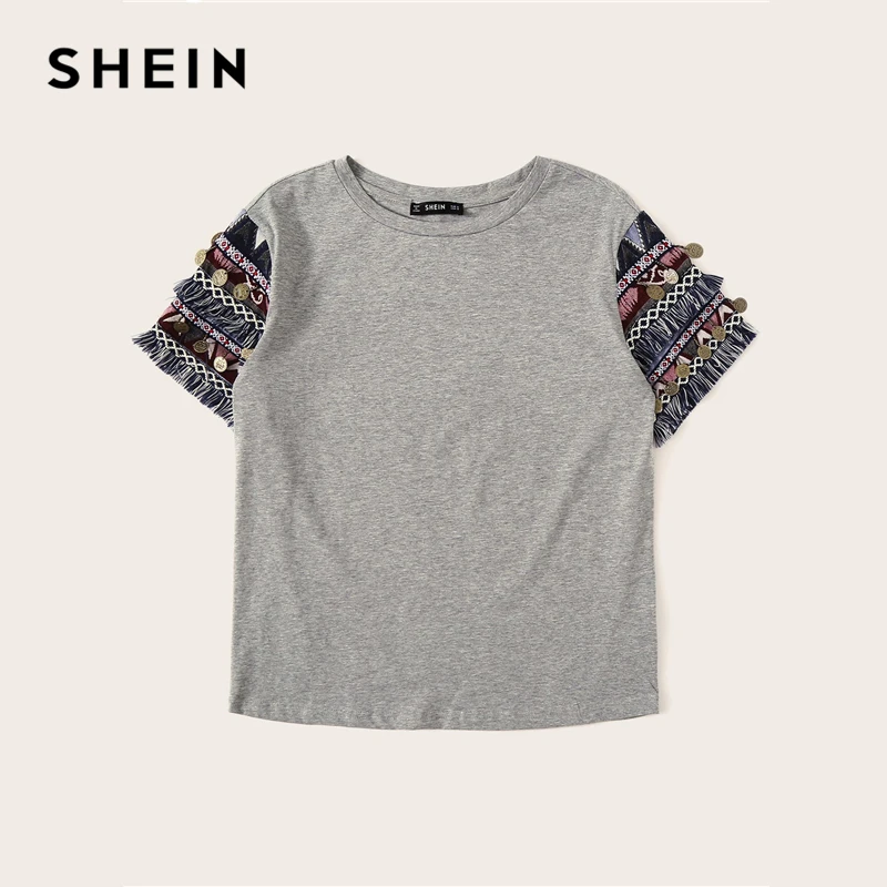 SHEIN, народный стиль, бахрома, отделка, Heathered Tee, Повседневная футболка, женская,, летняя, короткий рукав, эластичная, Boho, Милая футболка, топы