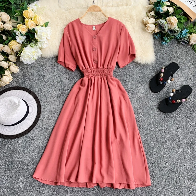 2019 Новое Женское платье в консервативном стиле с одной пуговицей v-образным