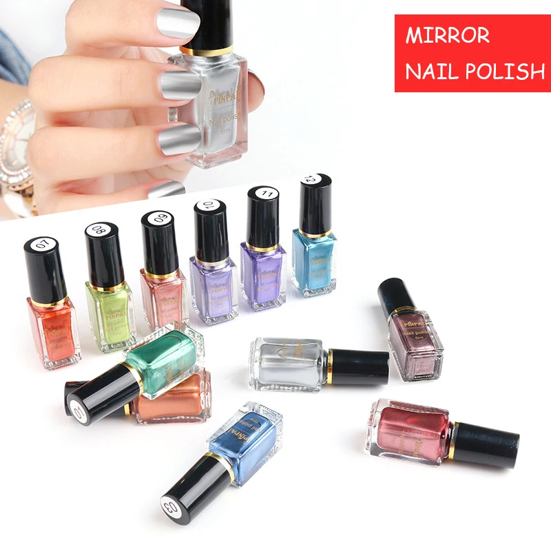 12 цветов 6 мл Серебряный металлик зеркальный лак для ногтей набор с базовым