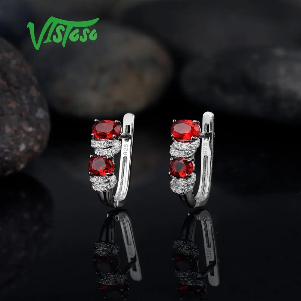 VISTOSO серьги гвоздики хорошее ювелирное изделие круглый красный кристалл белый