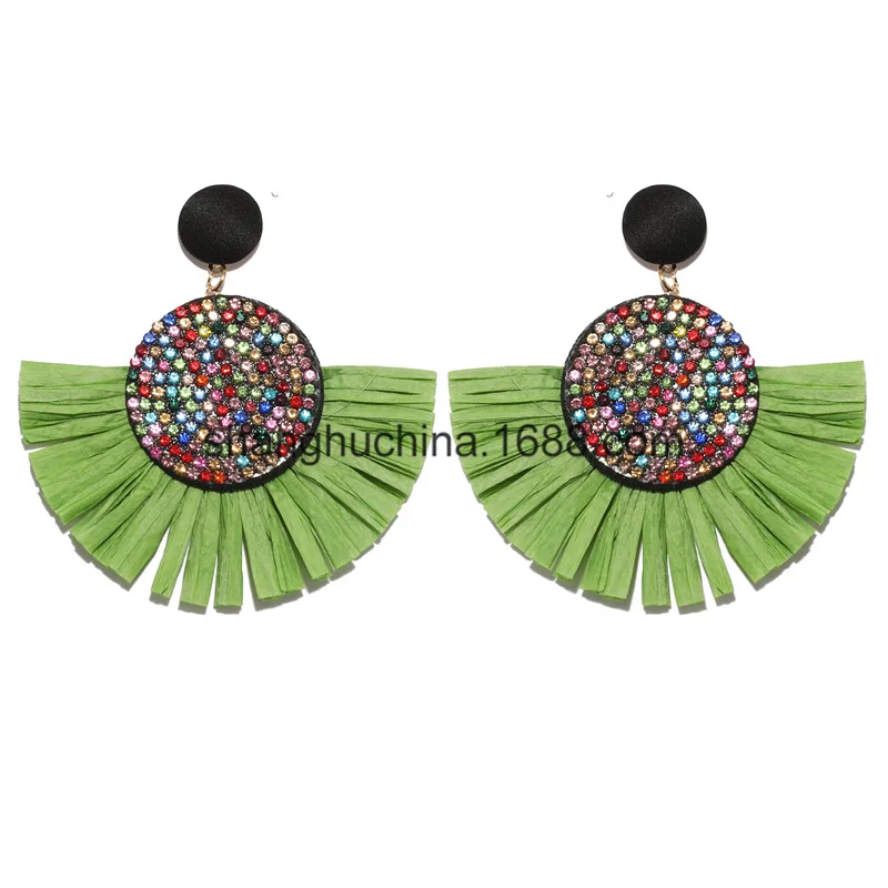 style 2 green Новые модные секторные стразы серьги с бахромой для женщин Bohemia Lafite Raffia висячие серьги массивные ювелирные изделия - Окраска металла: style 2 green