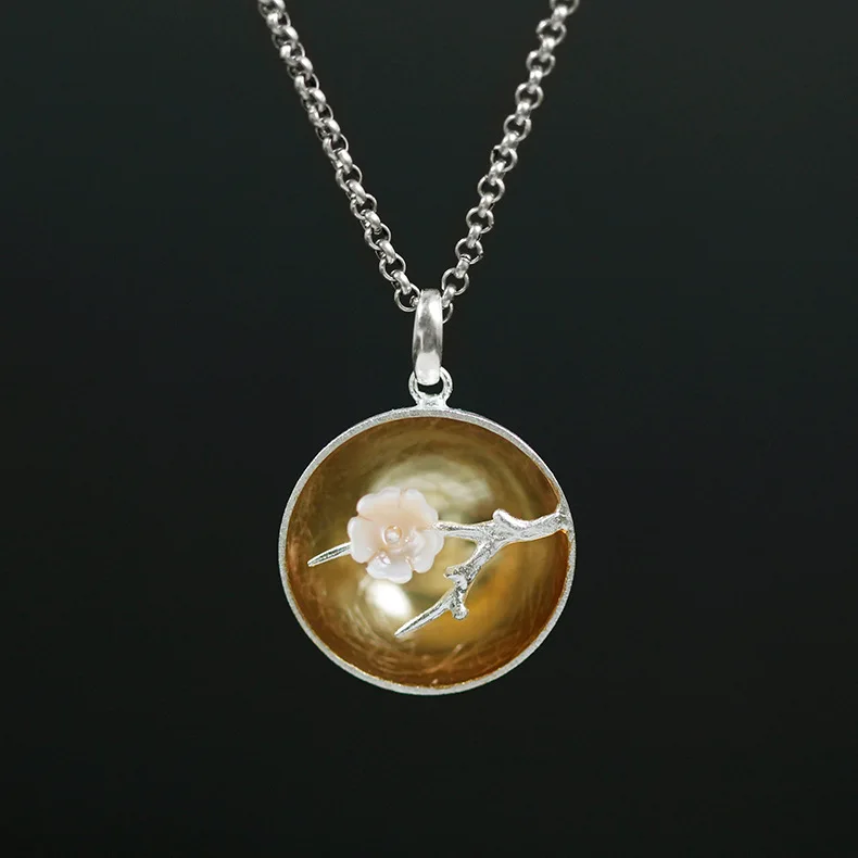 925 стерлингового серебра розовый оболочки цветок кулон колье Винтаж Jewelry