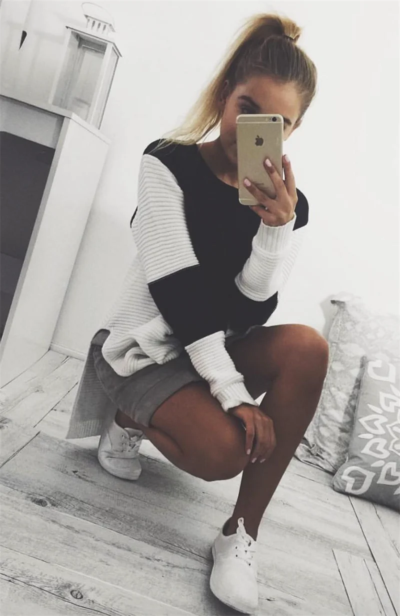 Yaomei Autumn Patchwork Sweater Women 2017 Knitted Sweaters and Pullovers Loose Jumper Hollow Out Split | Женская одежда