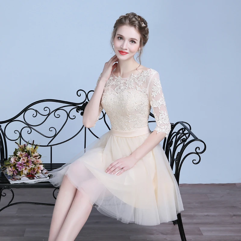 Шампанское SOCCI/серые Короткие коктейльные платья, рукав три четверти, Тюлевое кружевное платье для выпускного вечера, официальное свадебное платье, Vestidos de curtos - Цвет: Шампанское