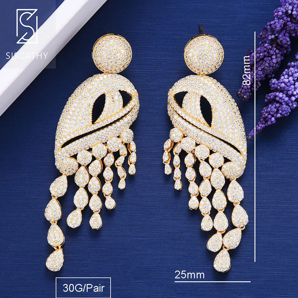 

SISCATHY 25*82mm Luxury Cubic Zirconia Inlaid Nigerian Style Tassel Gold Color Big Pendant Drop Earrings For Women 2019 Trendy