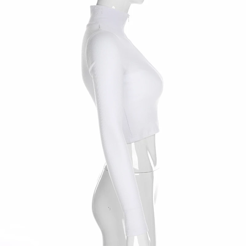 Rockmore Bodycon White Knitted Ribbed Zipper Women T-Shirt Streetwear Cotton Long Sleeve Femme T Shirts Crop Tops Tees Autumn