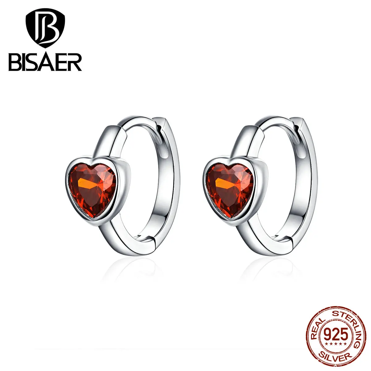 BISAER, романтические 925 пробы, серебряные, красные, в форме сердца, женские серьги, маленькое сердце, серьги-гвоздики, модное ювелирное изделие EFE084