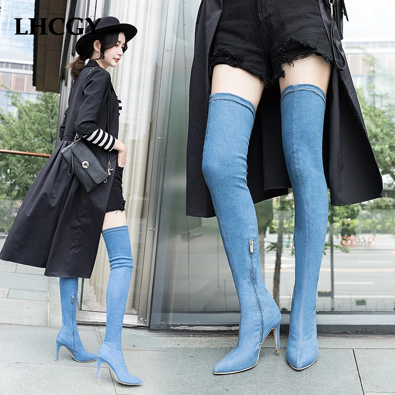 Женские эластичные джинсовые сапоги больших размеров Высокие до бедра Сапоги