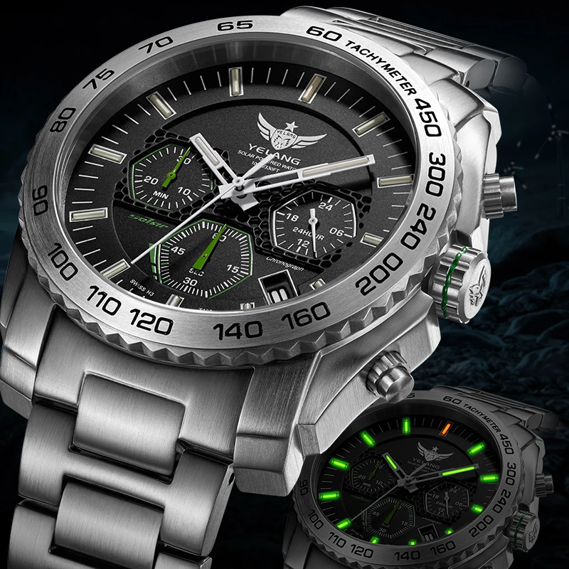 Новое поступление YELANG V1210 Eco-Drive Move men t T100 Тритий светящийся стальной ремешок сапфировое зеркало мужские деловые часы наручные часы