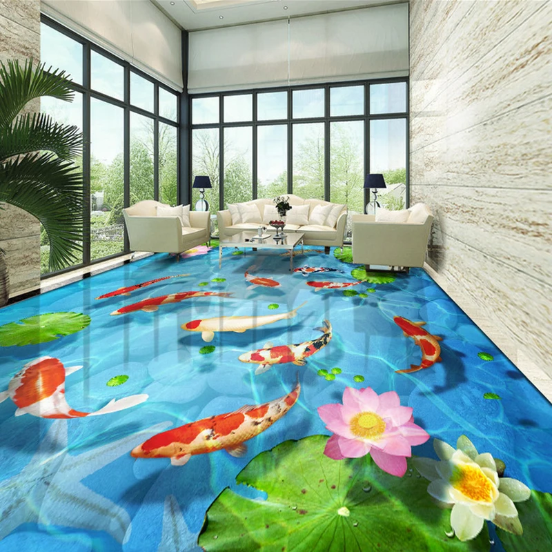 Custom 3D Photo Wallpaper Cobblestone Lotus Leaf Fish Bathroom Floor Design PVC Waterproof Self-adhesive Floor Mural Wall Paper