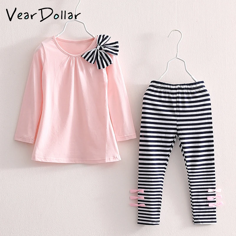 

VearDoller Girls Clothing Sets New Fashion Long Sleeve Striped Bow T-shirt + Striped Pants 2pcs sets for 3-10Y Girl Clothes